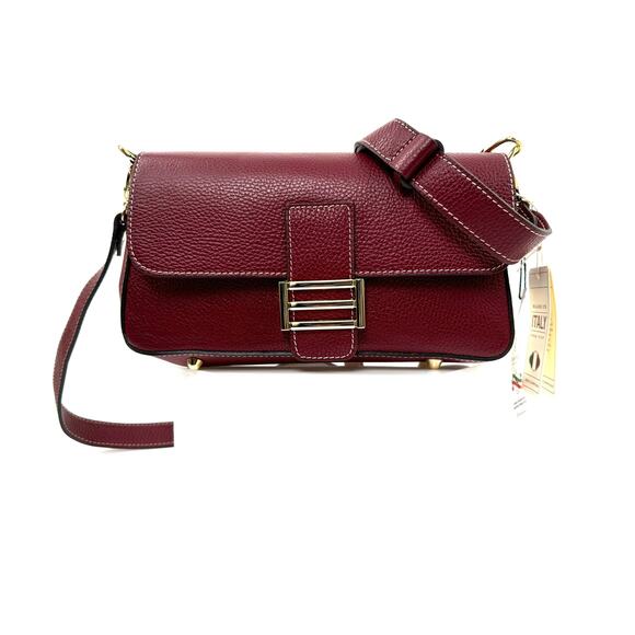 Divina Firenze Handbags - Divina Firenze Made in Italy Cranberry Leather Baguette Flap Crossbody Bag